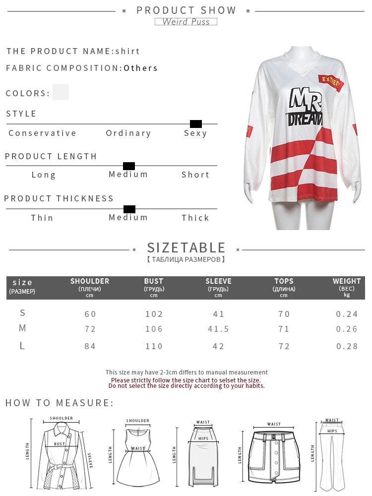 Weird Puss Casual Hipster Women T-Shirt Contrast Letter Print Long Sleeve V-Neck Wild Streetwear Loose Summer Comfortable Tees