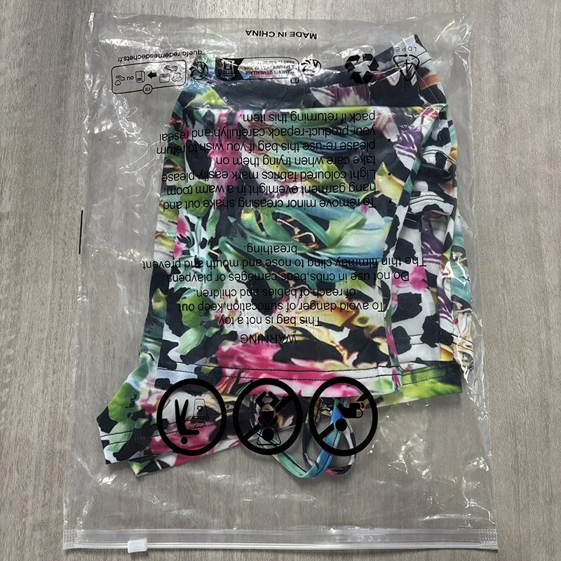 Sexy Nightclub Party Bikini Set with Irregular Round Buckle Printed Backless Short Tight Spring Summer Women's Lingerie Swimwear