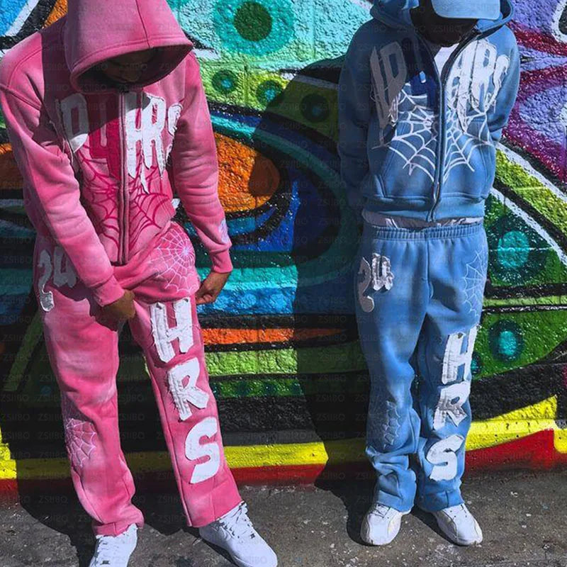 Retro Patch Spider Web Print Zipper Hoodie Y2K Sweatshirt Mens Hip Hop Letter Oversized Hoodie Jacket Clothes Streetwear Jacket