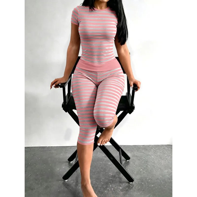 Women 2 Piece Casual Bodycon Outfit Striped Short Sleeve Tops High Waist Pants Set Loungewear Suit  Home Sleepwear Daily Wear