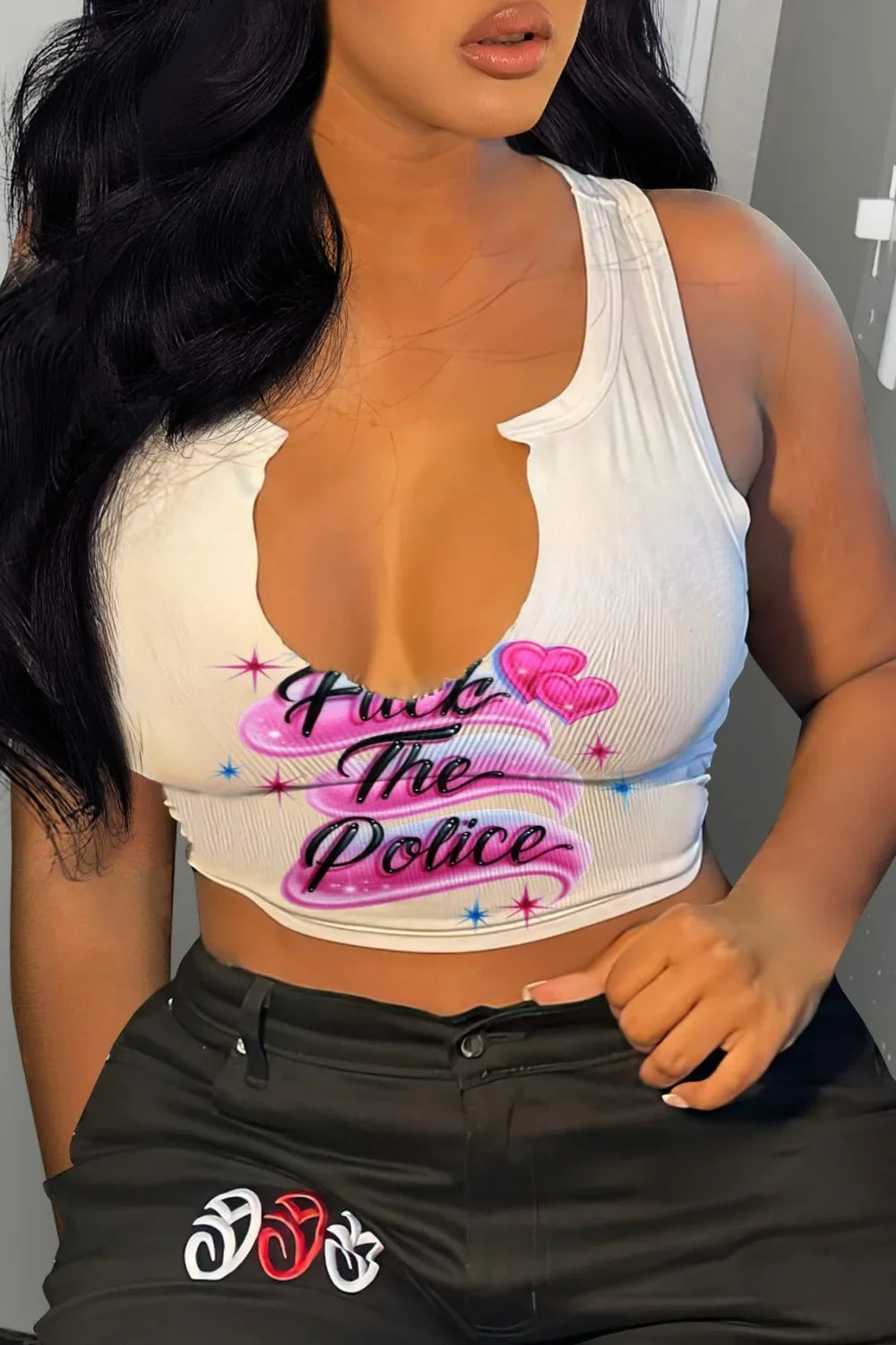HLJ&GG 2024 INS Fashion Y2k T Shirts Letter Print Crop Tops Girls Streetwear Short Sleeve Slim-fit V-neck Tees T Shirt White New