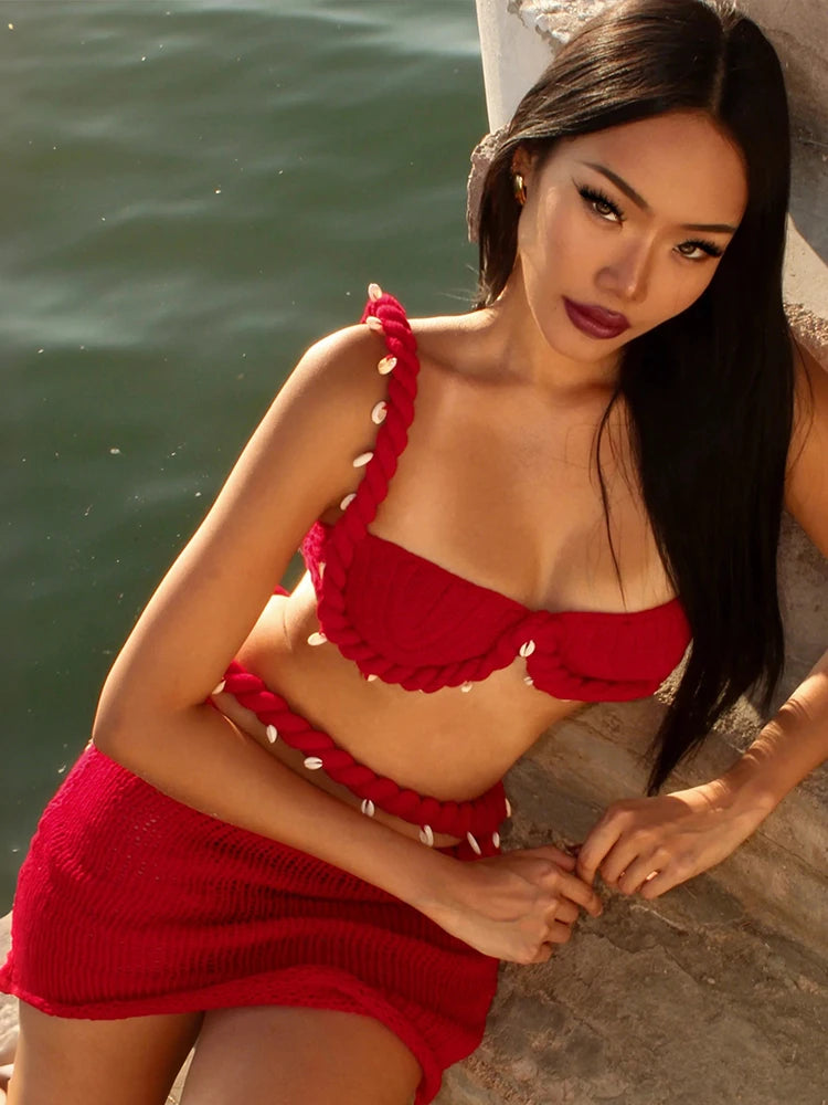 Weird Puss Crochet Applique Patchwork 2 Piece Set Women Sexy Backless Crop Tops+Bandage Hollow Skirts Vacation Beach Party Suits