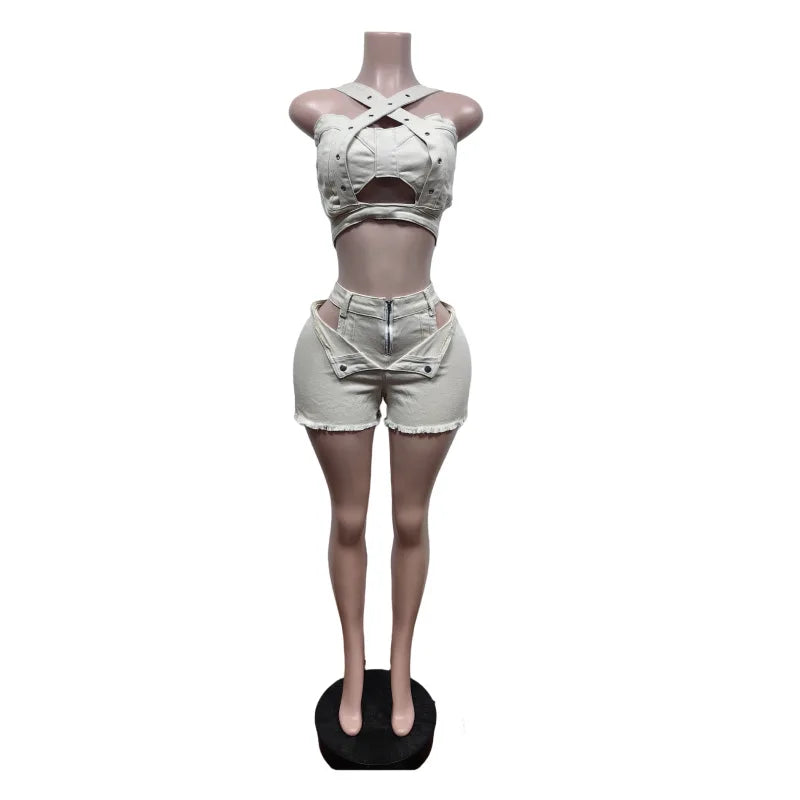 Streetwear Jeans Shorts Outfit Set Sexy Women Elegant Two Pieces Denim Club Matching Set Top+Shorts