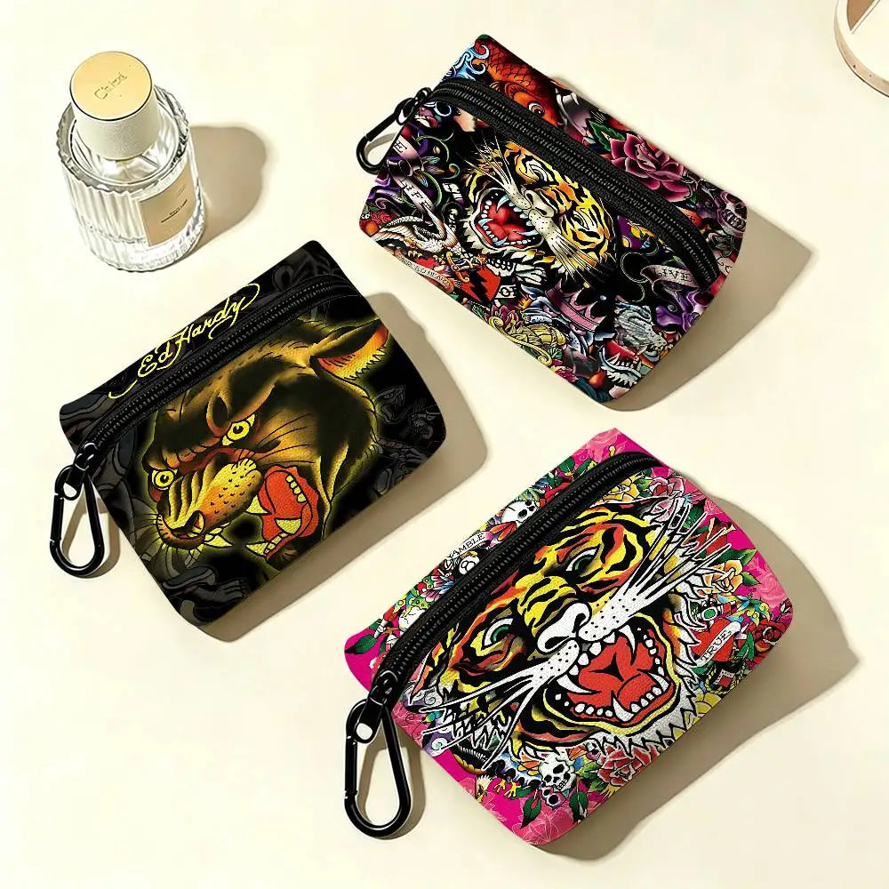 Fashion Brand E-Ed H-Hardy White Oxford Cloth Zipper Coin Purse Lightweight Hanging Key Pouch Card Holder For Daily Use