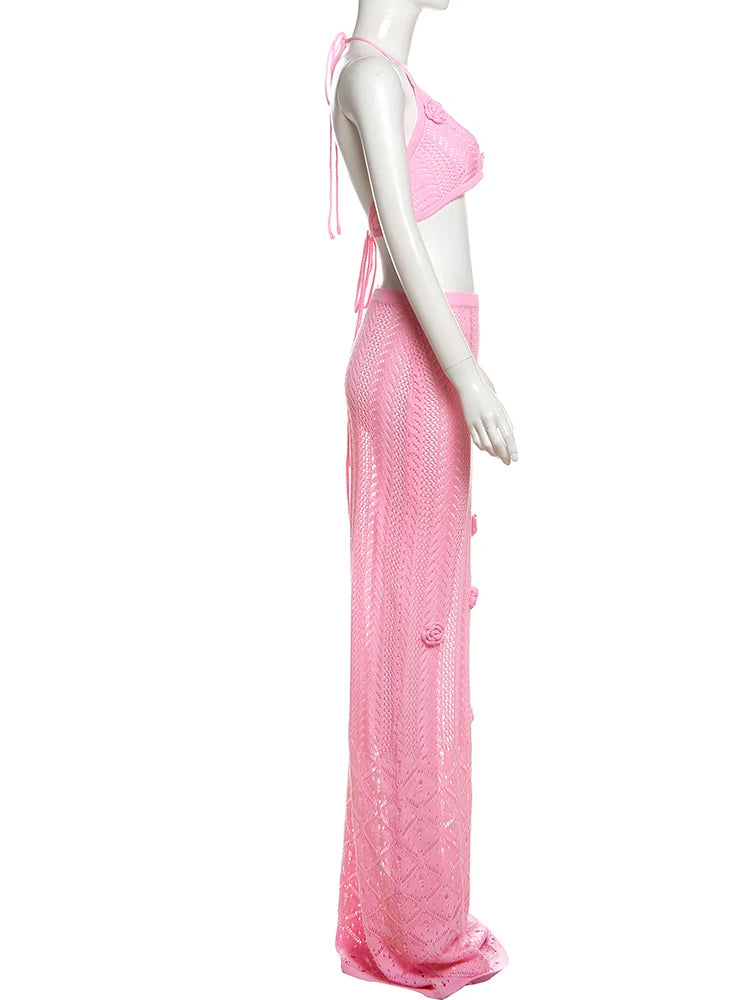 Weird Puss Beach Crochet Women Summer 2 Piece Set Applique Halter Bandage Camisole+Maxi Skirts Sexy Matching Vacation Clubwear