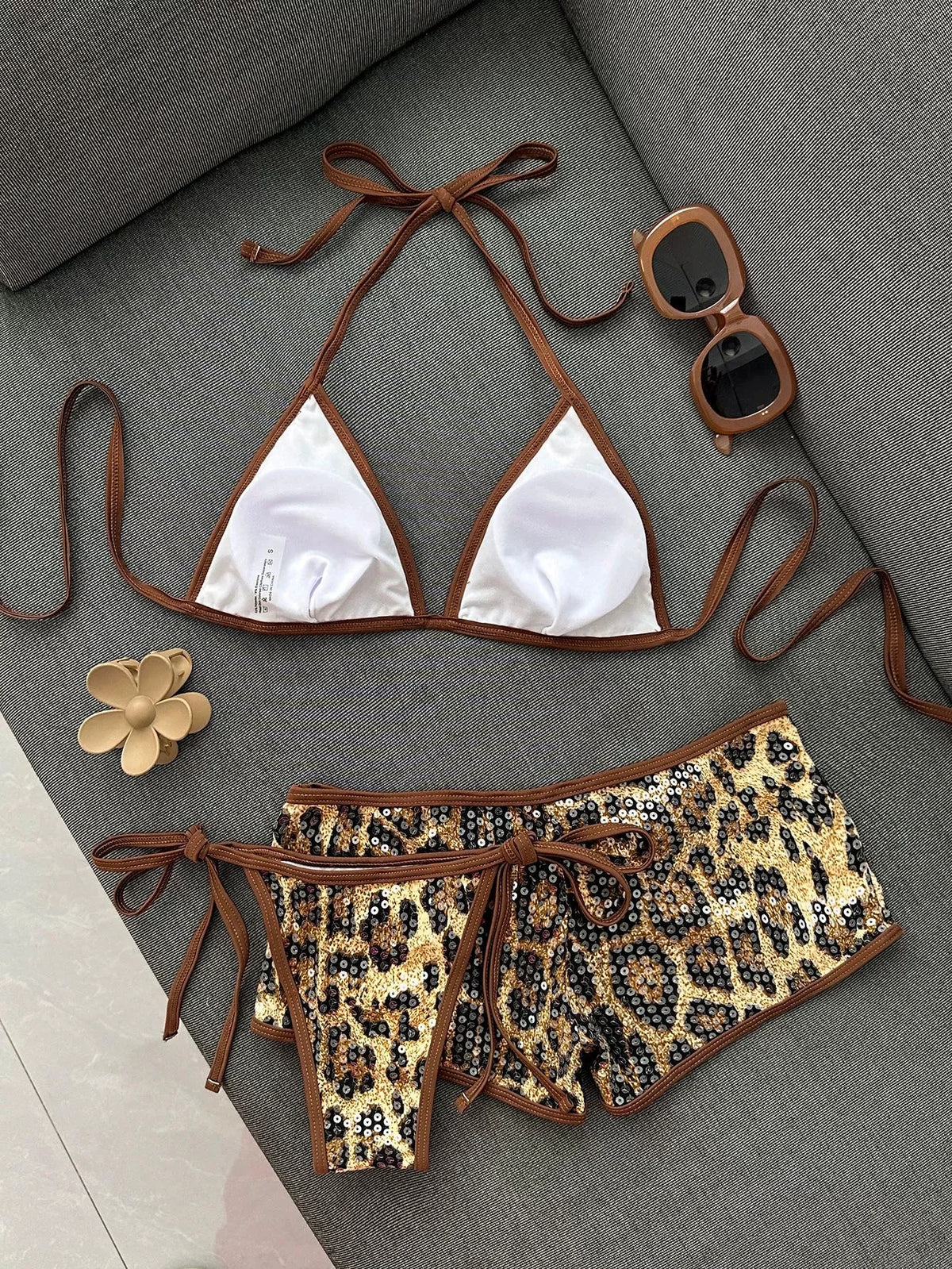 DEKA Sexy Shiny Sequin Leopard Print Bikini Set Women 3 PCS Push Up Bra High Waist Swimuit Beach Bathing Suit Holiday Swimwear