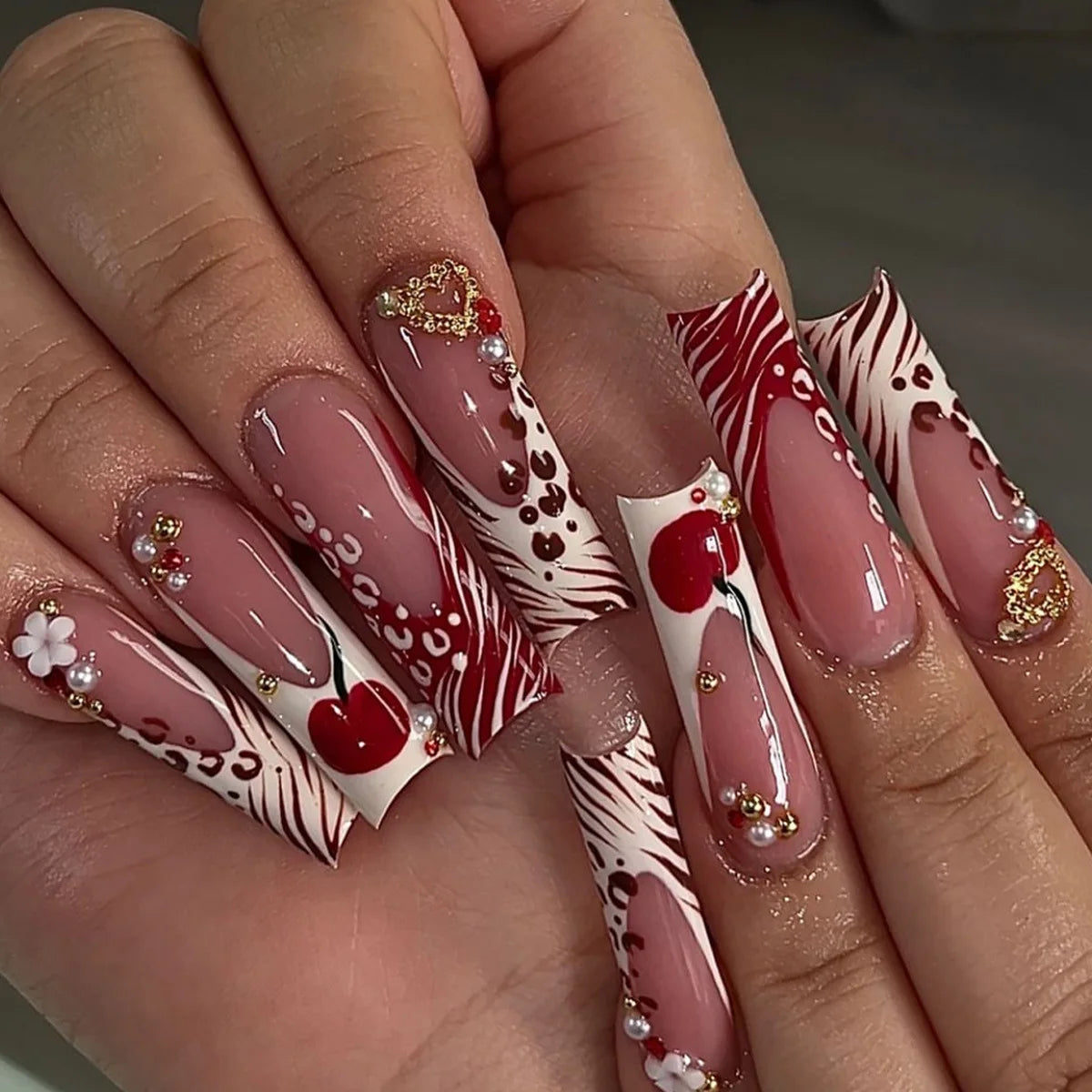 24Pcs Long Square Press on Nails Leopard Print French 3D Cherry Design False Nail Rhinestone Wearable Full Cover Fake Nails Tips