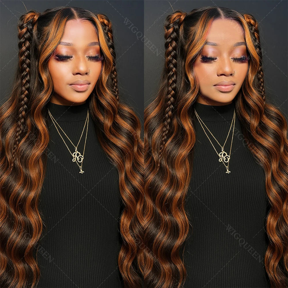 Upgraded 1B/30 Balayage Body Wave 13x4 Highlight Lace Front Human Hair Wig Vietnamese 30 Inch Omber Brown Colored Wig Human Hair