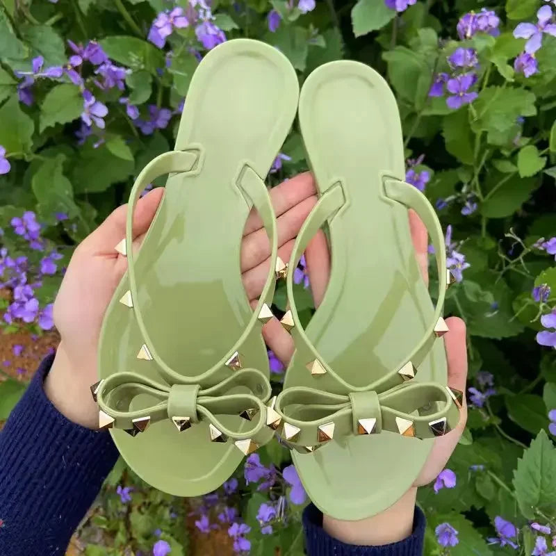Size 36-42 2026 Hot Sale Fashion Women's Flip Flops Summer Shoes Cool Beach Rivet Big Bow Flat Sandals Jelly Shoes Sandals Girls