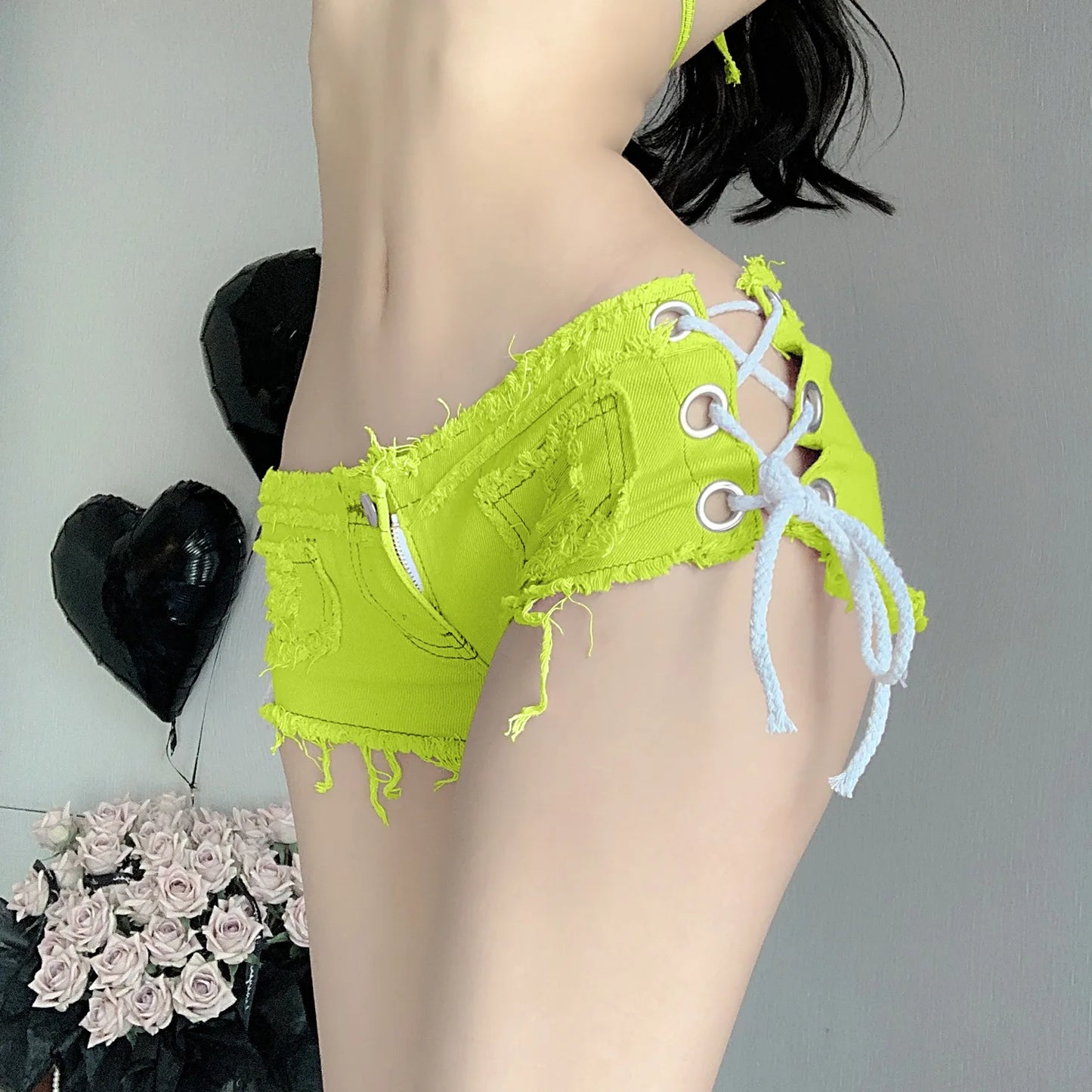 Women's Summer Sexy Low Waist Mini Denim Shorts Side Cross Lace-up Sexy Hot Pants Club Streetwear Jean Shorts
