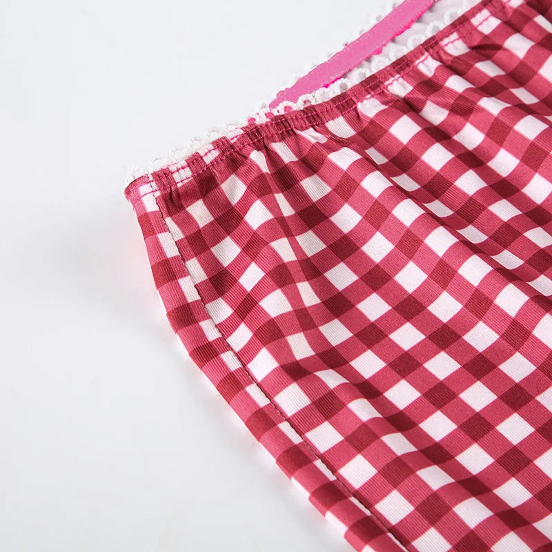 HLJ&GG Summer New Halter Tank Top Two Piece Sets Women Backless Slim Vest And Plaid Print Shorts Outfits Fashion 2pcs Streetwear