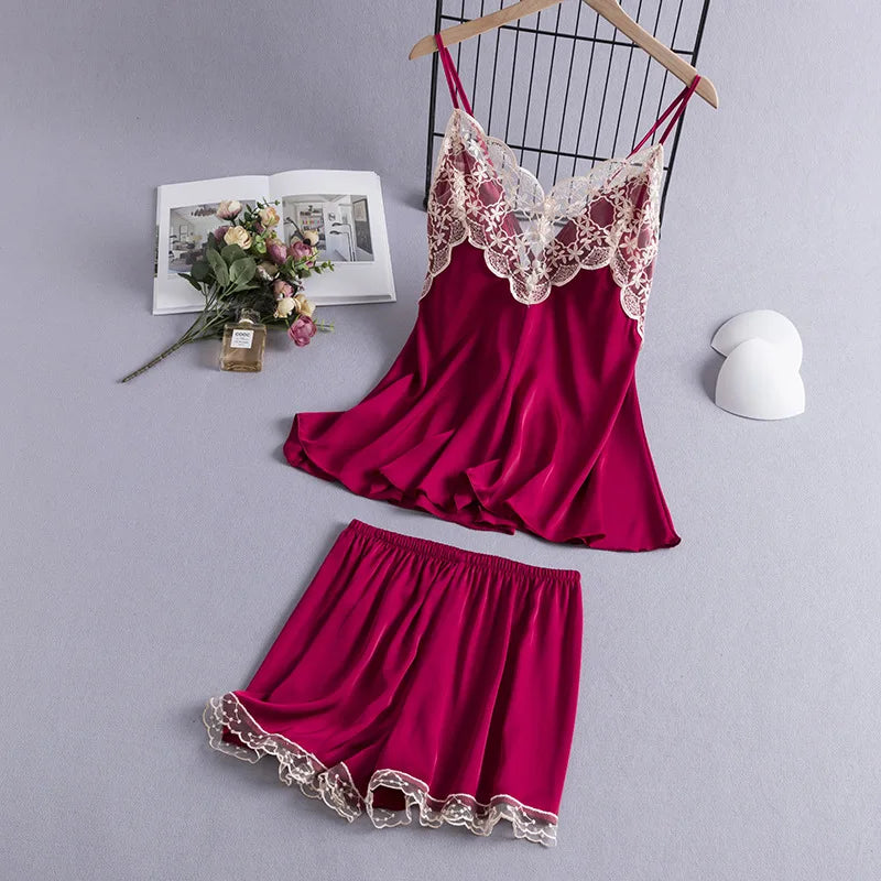 Women Suspender Pajamas Set New Summer Sleepwear Sexy Patchwork Lace Strap Top&Shorts Intimate Lingerie Thin Rayon Home Clothes
