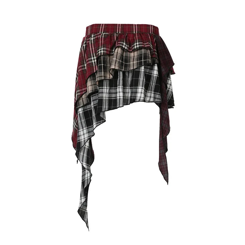 HLJ&GG Fashion Plaid Printing Irregular Mini Skirts Two Piece Sets Women O Neck Short Sleeve Top And Skirts Outfits Streetwear
