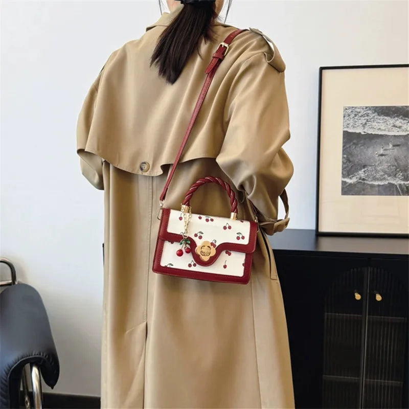 Cute Cherry Printed Handbag Shoulder Bag, Woven Handle Square Tote Bag, Fresh Design Women's Crossbody Bag, Stylish Women Bag