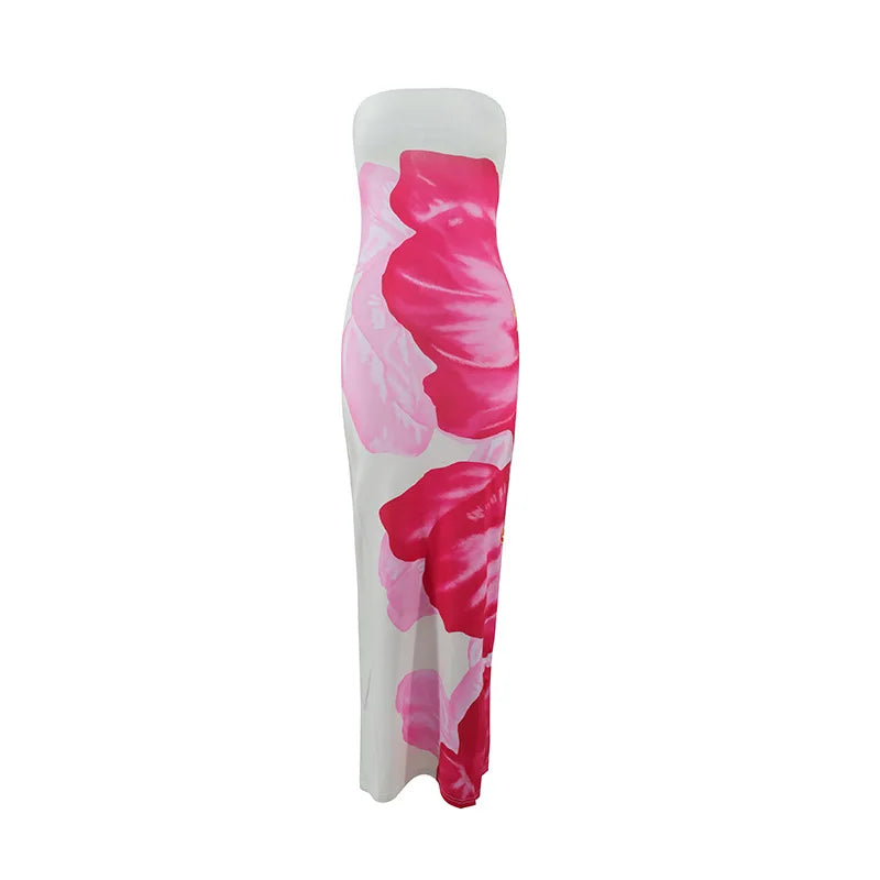 Sexy Slim Big Flower Print Maxi Dress Woman Bodycon Split Vintage Vacation Beach Y2K Summer Party Cheap Clothes Women Dresses