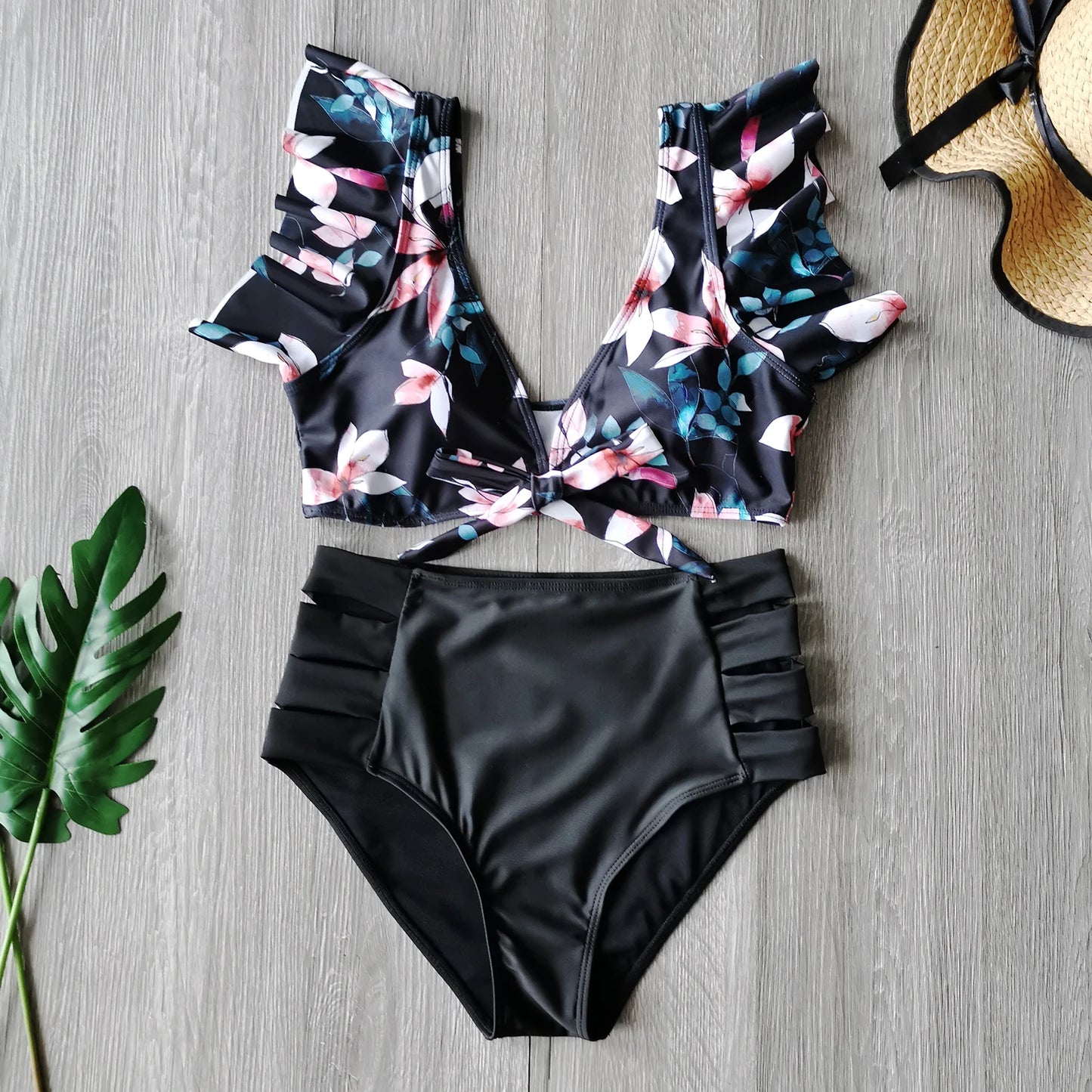 2026 High Waist Bandage Bikini Set For Women Floral Printed Ruffle Bikinis Push Up Strappy Brazilian Biquini Swimwear Swimsuit