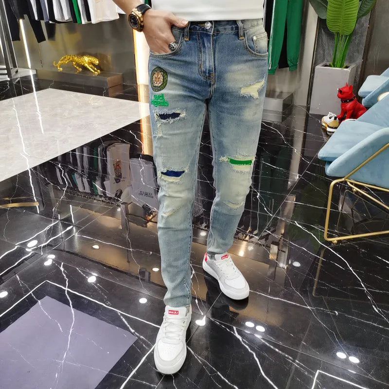 2025 Spring New Ripped Hole Denim Man's Pants Washing Light Blue Hip Hop Slim Fit  Men's Trousers High Street Blue beggar Jeans