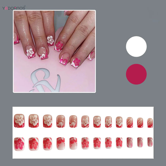 24Pcs Fairy White Flower Fake Nails Pink French Tip Press on Nails Short Square Wearable False Nail for Girls DIY