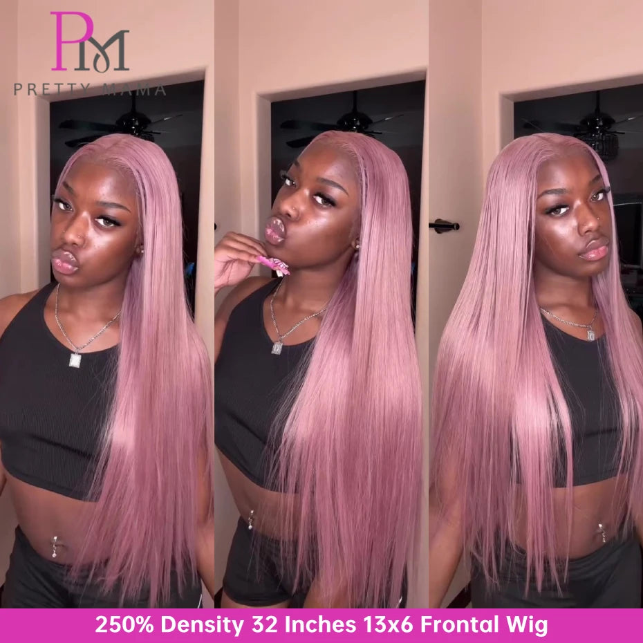 13x6 Ash Purple Pink Human Hair Wig 250 Density Lace Frontal Wig Bone Straight Lace Front Wig Human Hair Rose Gold Colored Wigs
