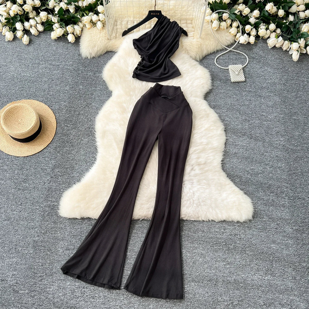 Chic Women Two-Piece Sets Vintage Diagonal Collar Sleeveless Pleated Top and High Waist Flare Pants Korean High Street Clothing