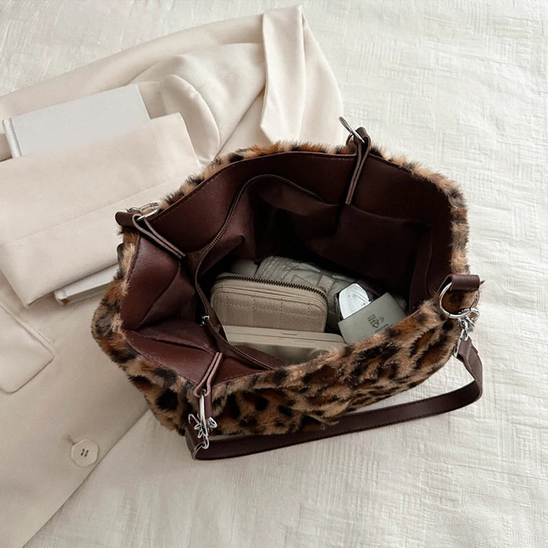 National Style Simple Women Leopard Tote Bag Lady Luxury Fluffy Shoulder Bag Chain Large Capacity Commuter Handle Bag