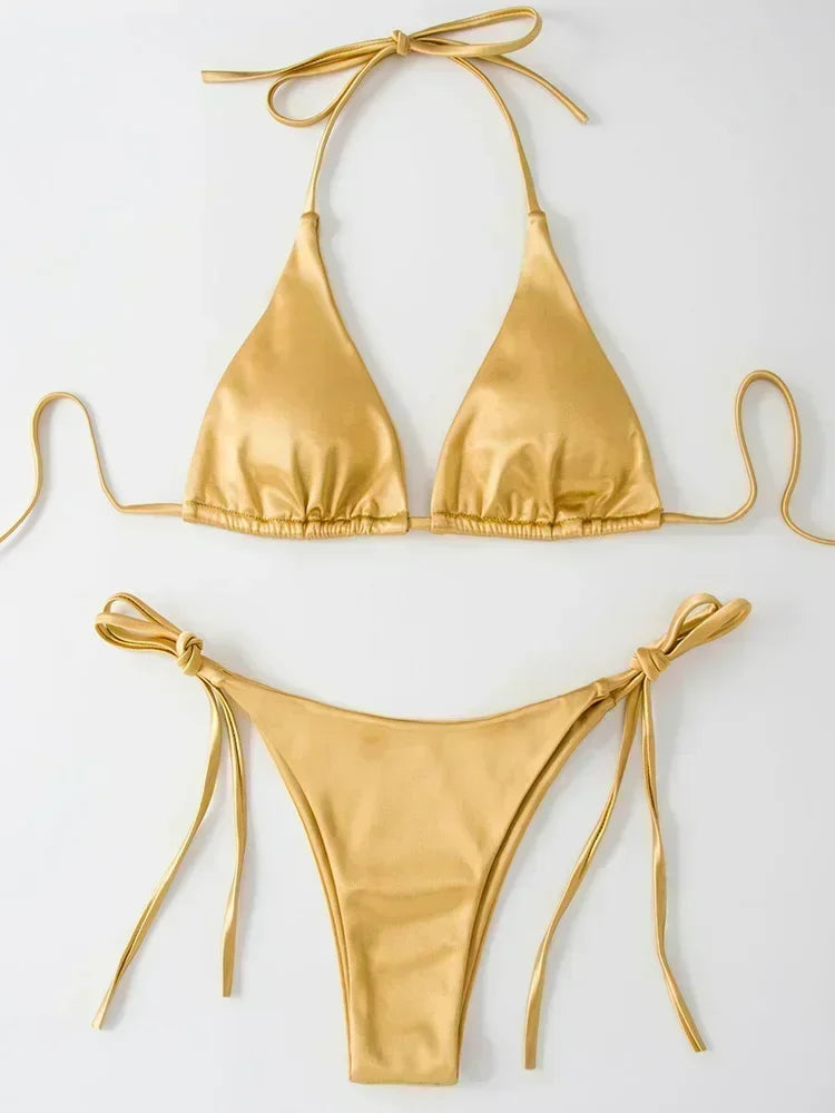 Halter Brazilian Metallic Satin Bikini  Swimwear, Swimsuit Two-pieces Bikini Set High Cut Bathing Suit Swim Beachwear
