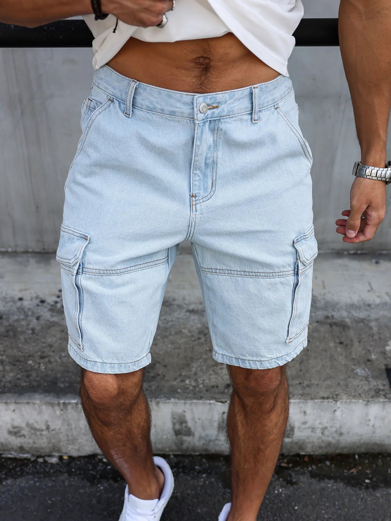 summer light blue regular denim shorts. In a utility style. With a multi-pocket design. Casual street style. Men's jeans
