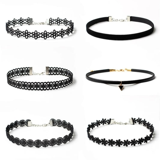 6 Pcs Set Black Simple Fashion Gothic Floral Shape Lace Alloy Choker Necklace Women Party Outfit Jewelry