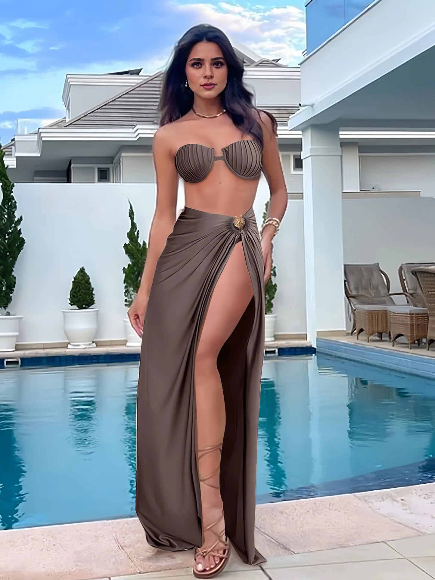 New Stylish Bikini 3 Piece Sexy Shell Swimsuit and O Ring Long Skirt Brazilian Biquini High Split Beachwear Vacation Outfit K131