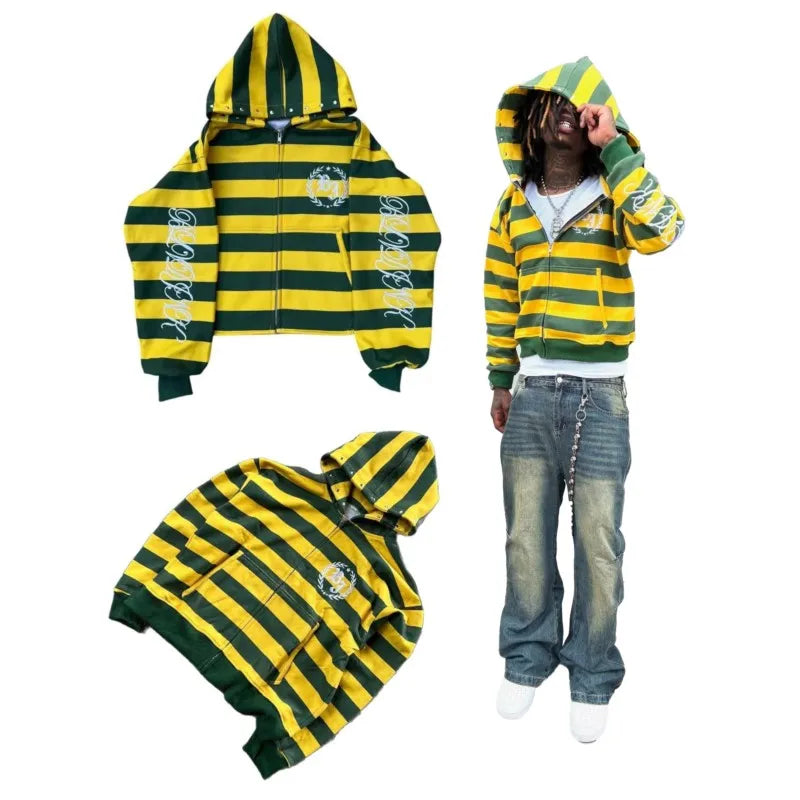 Y2K Retro Kid Zipper Hoodie Stripe Rivet Letter Embroidery Pattern Sweatshirt Men HipHop Fashion Streetwear Unisex Women Clothes