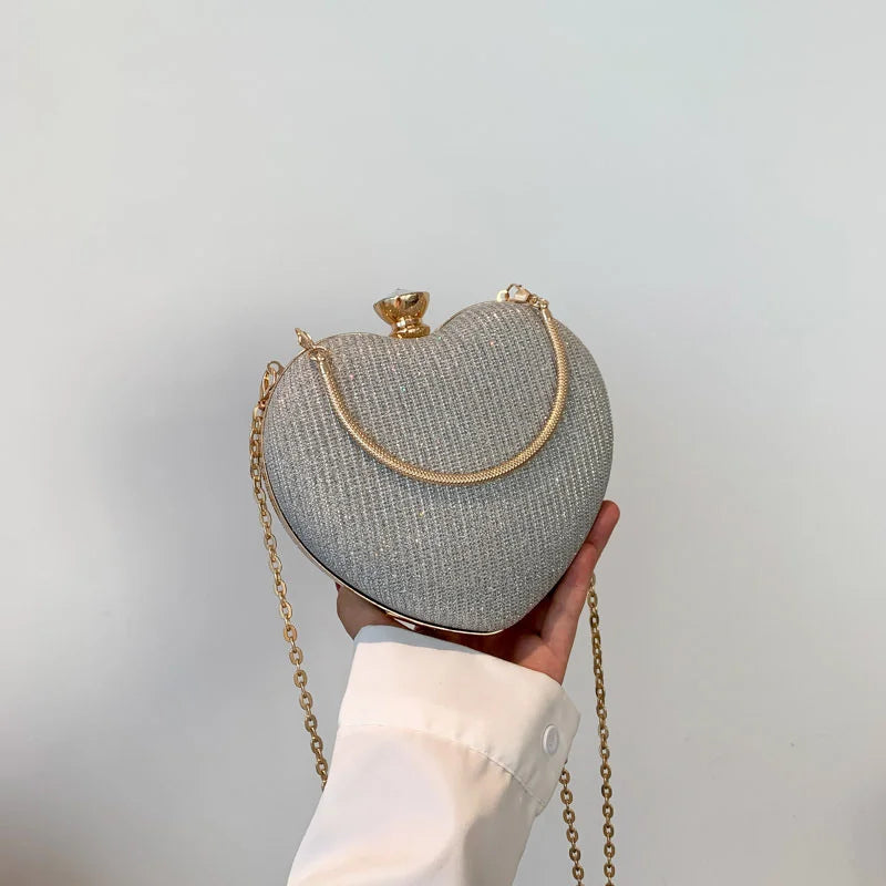 Evening Clutch Bag For Women Shiny Heart Shape Metal Clutch Chain Shoulder Purse