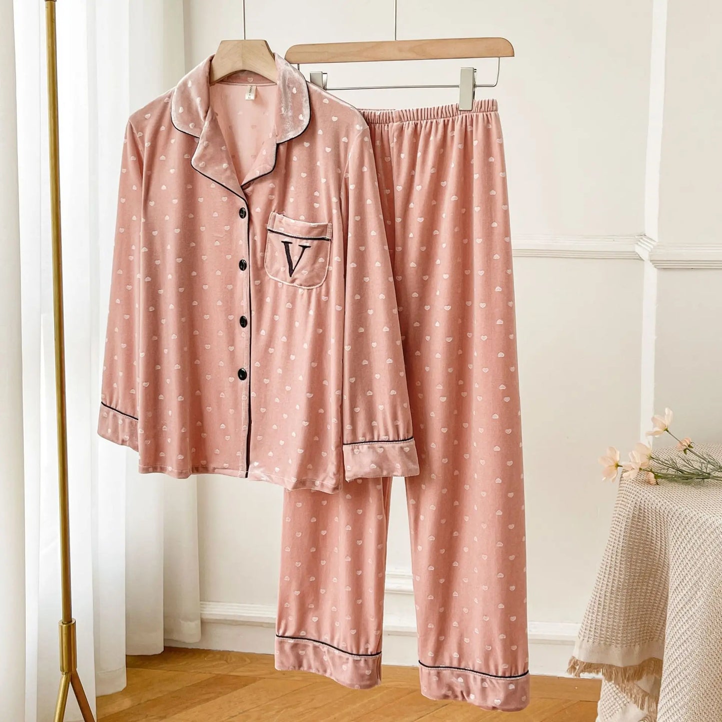 Velvet Dot Print 2Pcs Top&pants Lady Warm Home Clothes Autumn Winter New Pajamas Sexy Trousers Suit Loose Sleepwear Women Pjs