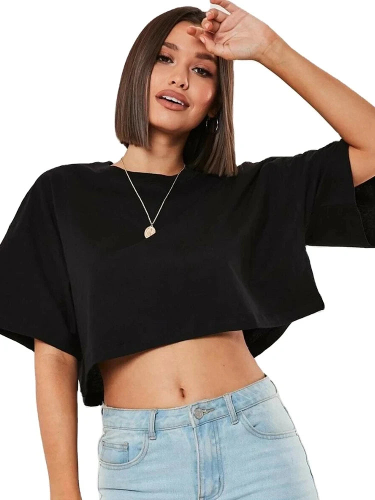 Solid Color Women Cotton T-shirts Running Short T Shirt Yoga Fitness Crop Top Comfortable Fashion Tee Clothing Summer Tops