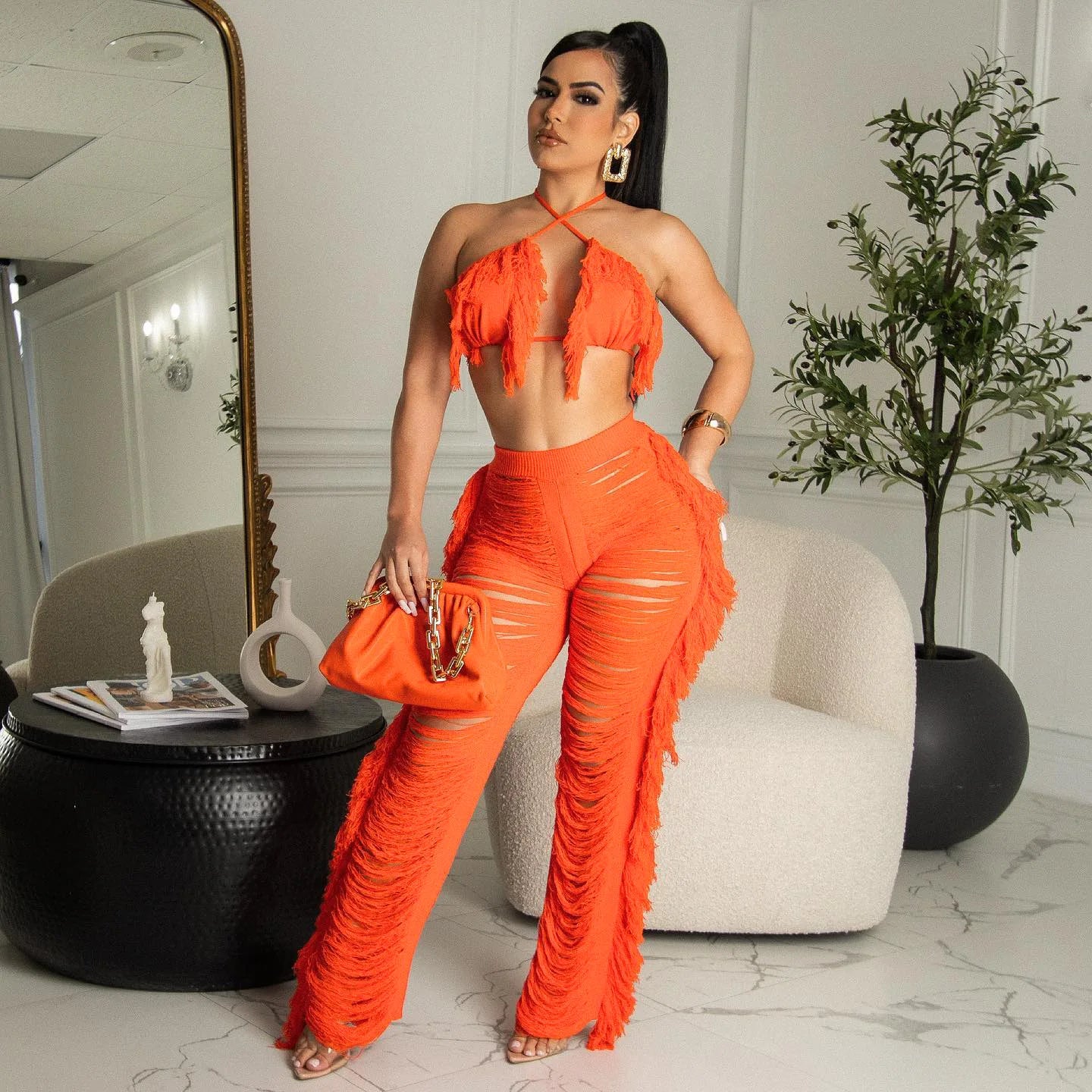 Summer Tassel Club Pants Outfits Set Sexy Women Backless Two Pieces Party Matching Set Top+Hollow Out Pants