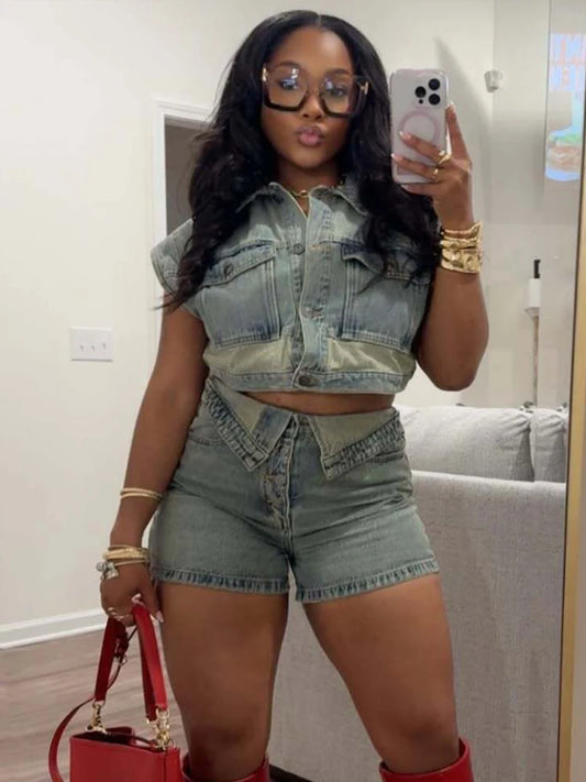 Weird Puss Patchwork Women 2 Piece Set Frock Single-Breasted Pocket Tank Tops+Lapel Short Matching Streetwear Outfits