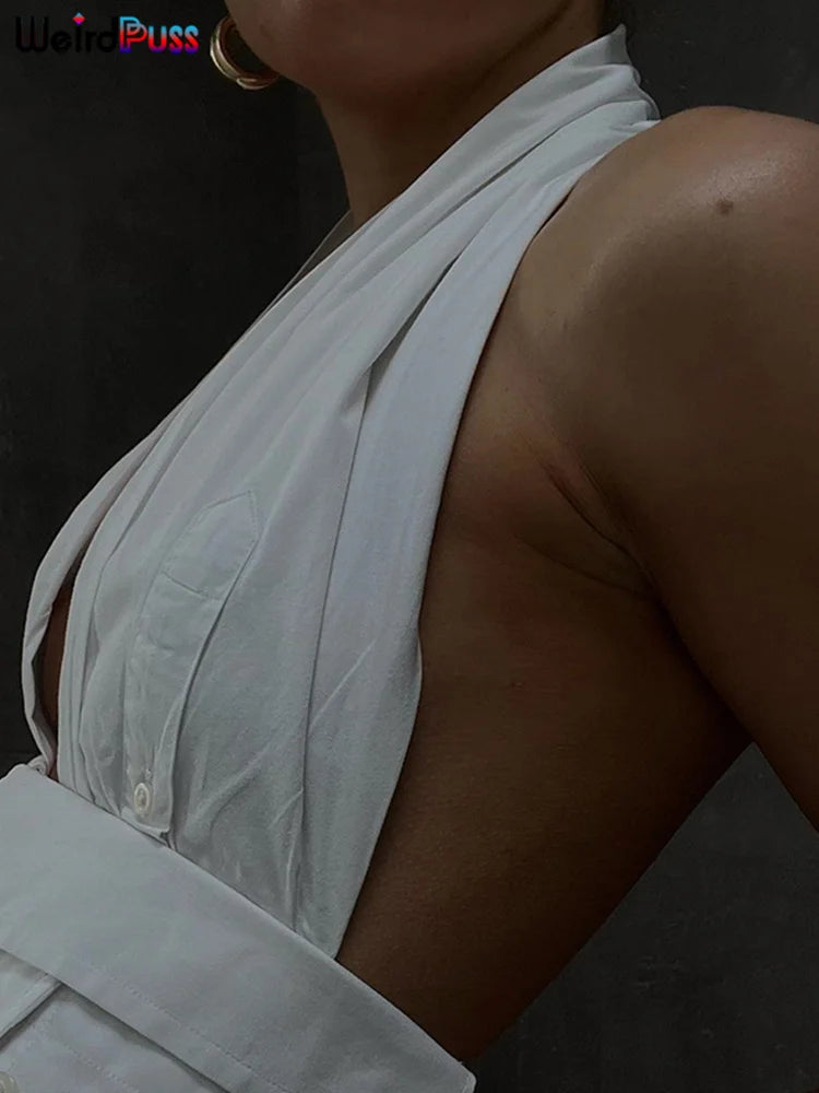 Weird Puss Y2K Button Halter Camisole Women V-Neck Skinny Elegant Sexy Summer Fashion 2022 Wild Streetwear Backless Tank Tops