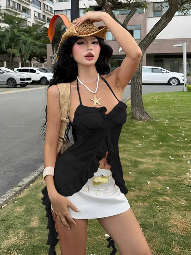 Weird Puss Patchwork Mesh Y2K Sexy Camisole Women Halter Bandage Low-Neck Tassel Ruffles 3d Flowers Midnight Club Sexy Tank Tops