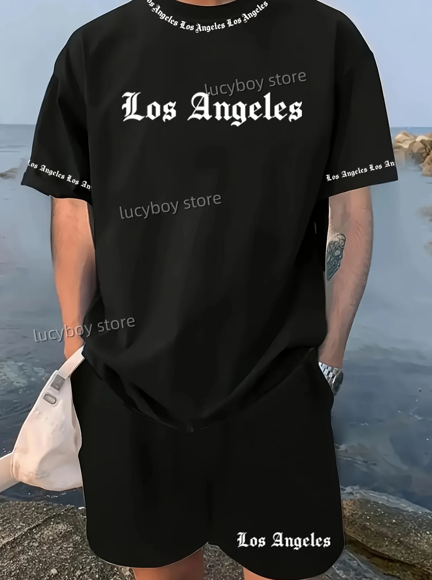 2025 Los Angeles Printed Men's Suit 2 Pieces Set Casual Suit SportswearFitness Set  Men's Oversized Clothes