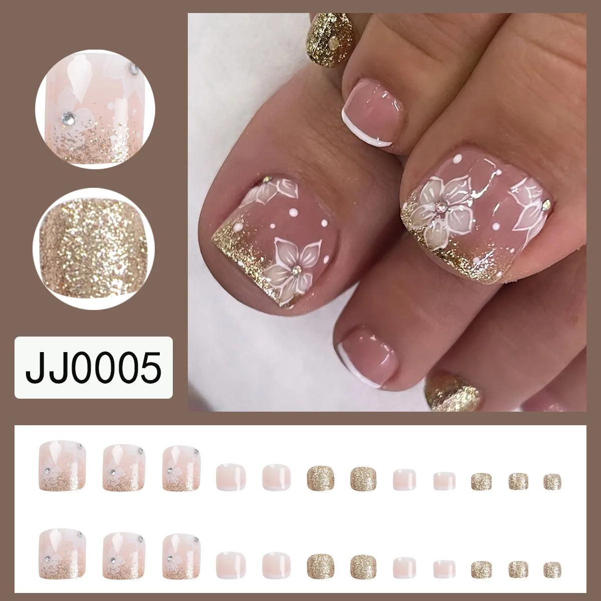 New White Flower Artificial Toe Nails with Gold Foil False Toenail Tips French Lady Girl Wearable Press on Nails for Feets