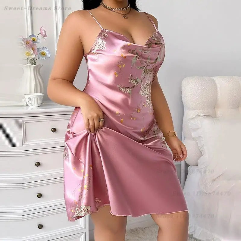 Plus Size 3XL 4XL 5XL Chemise Nightgown Summer New Female Satin Sleepwear Sexy Print Flower Strap Nightdress Homewear Negligee