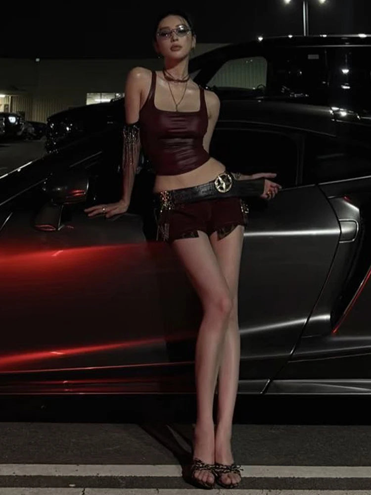 Weird Puss Faux Leather Camisole Tops Women Y2K Coquette Square Collar Skinny Midnight Street Club Trend Hottie Wild Basic Vest