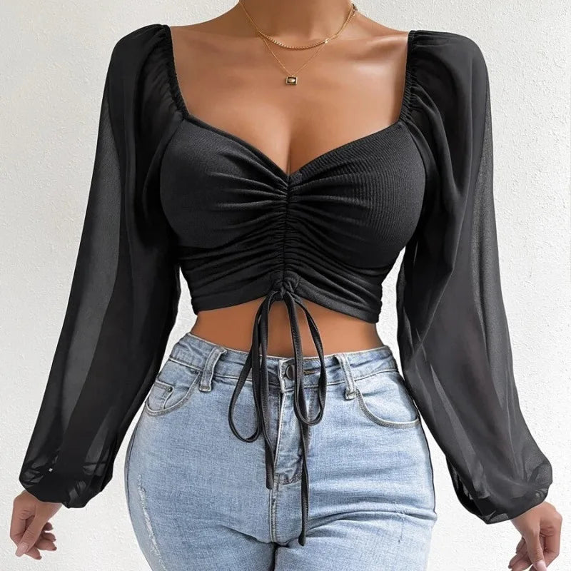 Woman Chiffon Knit Tshirts Long Puff Sleeve Sexy Close-Fitting T-shirt Spring Autumn V-neck New Fashion Solid Simple Tops Tees