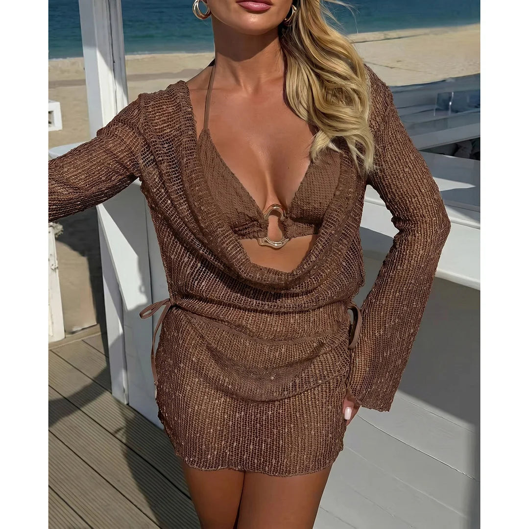 Sexy With Long Sleeve Dress Halter Bikini Women Swimwear Female Swimsuit Three-pieces Bikini set Bather Bathing Suit Swim V7925
