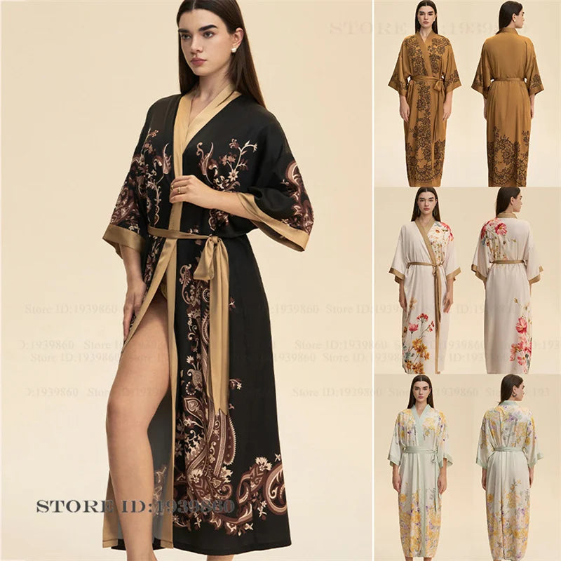 Plus Size Print Flower Long Robe Kimono Gown New Female Sleepwear Bathrobe Home Dress Loose Silky Satin Night Clothes Loungewear