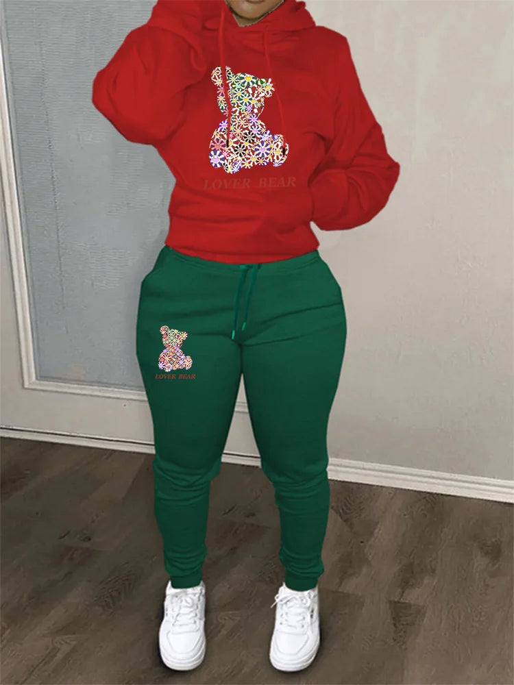 Women's Hoodies Sets Pants Suit 2 Piece Outfits 2025 New Letter Print Bear Aesthetics Sweatshirt and Sweatpants Womens Tracksuit