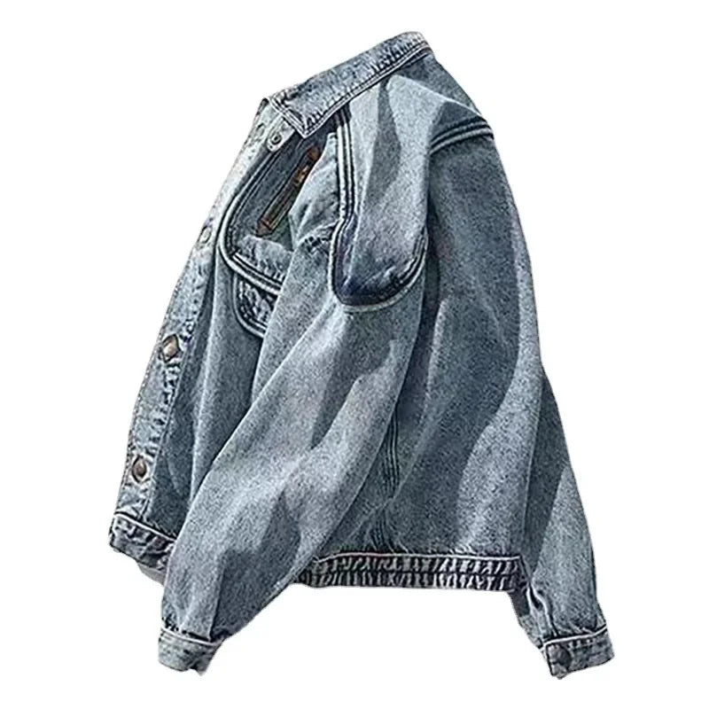 American Retro Jacket Snowflake Washed Vintage Denim Jacket Zipper Pocket Tooling Lapel Jean Coats Loose Motor Jaqueta Outerwear