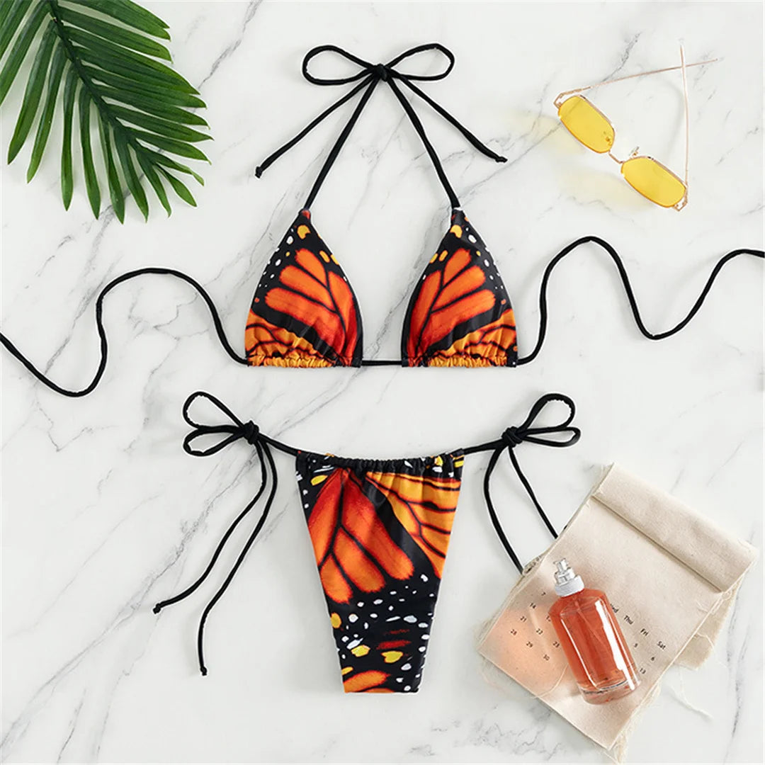 S - XL Sexy Printed Halter Padded Bikini Female Swimsuit Women Swimwear Two-pieces Bikini set Bather Bathing Suit Swim V4910