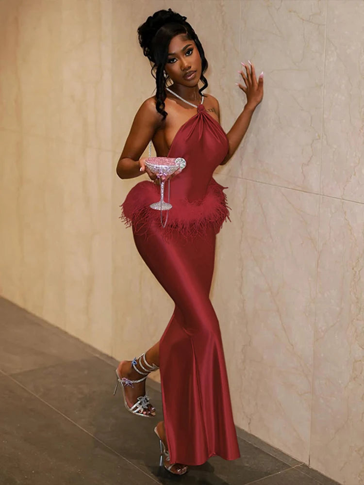 Weird Puss Satin Feather Waist Dress Women Y2K Sexy Sleeveless Backless Tassel Rhinestones Split Banquet Party Clubwear Vestidos