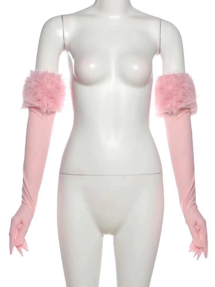 Weird Puss Christmas Furry Strapless Tops Women Patchwork Sexy Long Gloves Matching Birthday Luxury Classic Midnight Clubwear