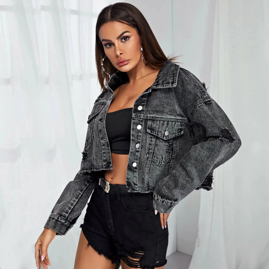 Donsignet Women's Jeans Jacket Spring Autumn New Fashion Burr Hole Coats Button Pockets Long Sleeve Black Casual Tops